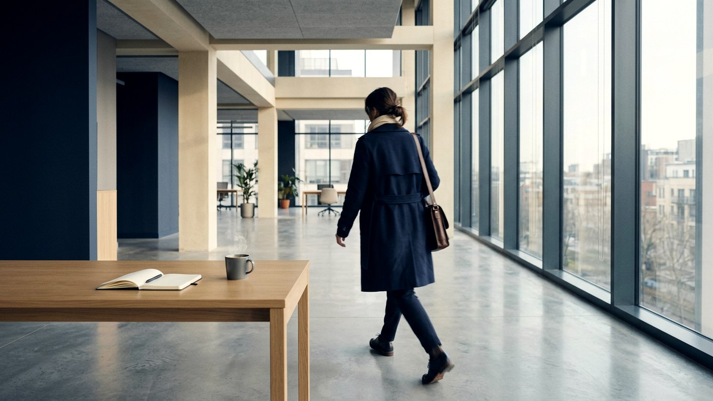 A woman walking through her own bright office, coat on and bag over her shoulder, a notebook and coffee already set out