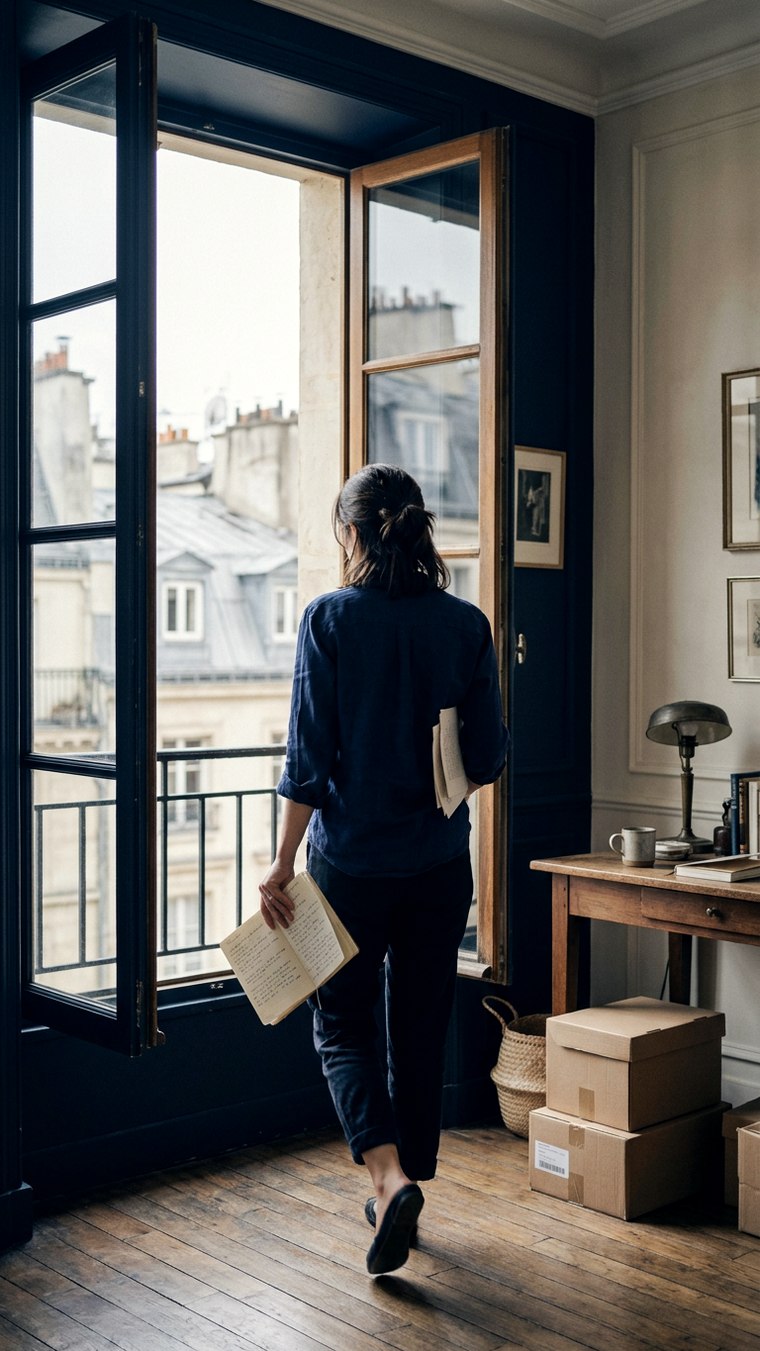A woman turning back into her own office from an open window, notebook in hand, boxes still unpacked
