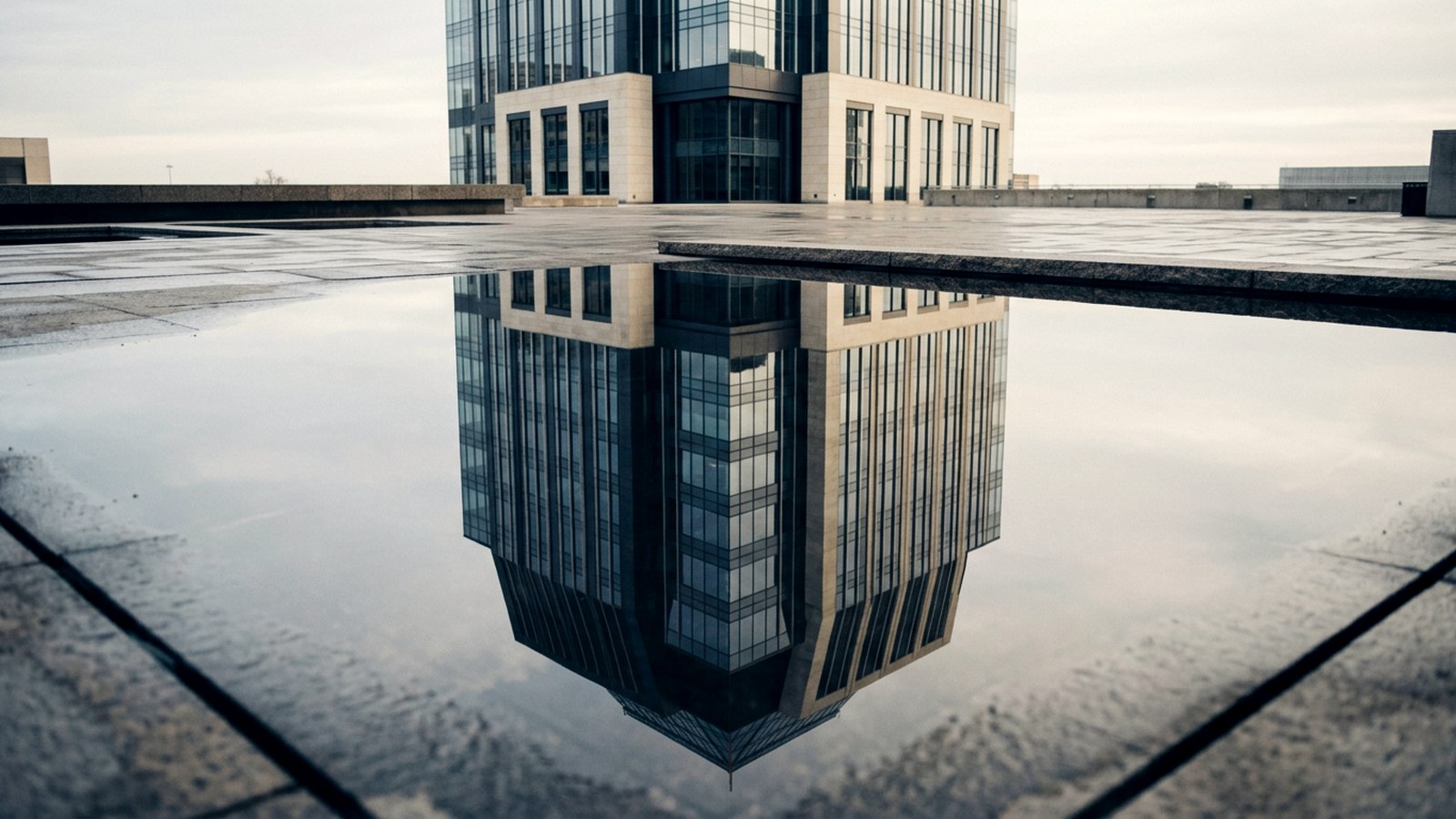A tower reflected upside down in still water, the reflection sharper than the building itself